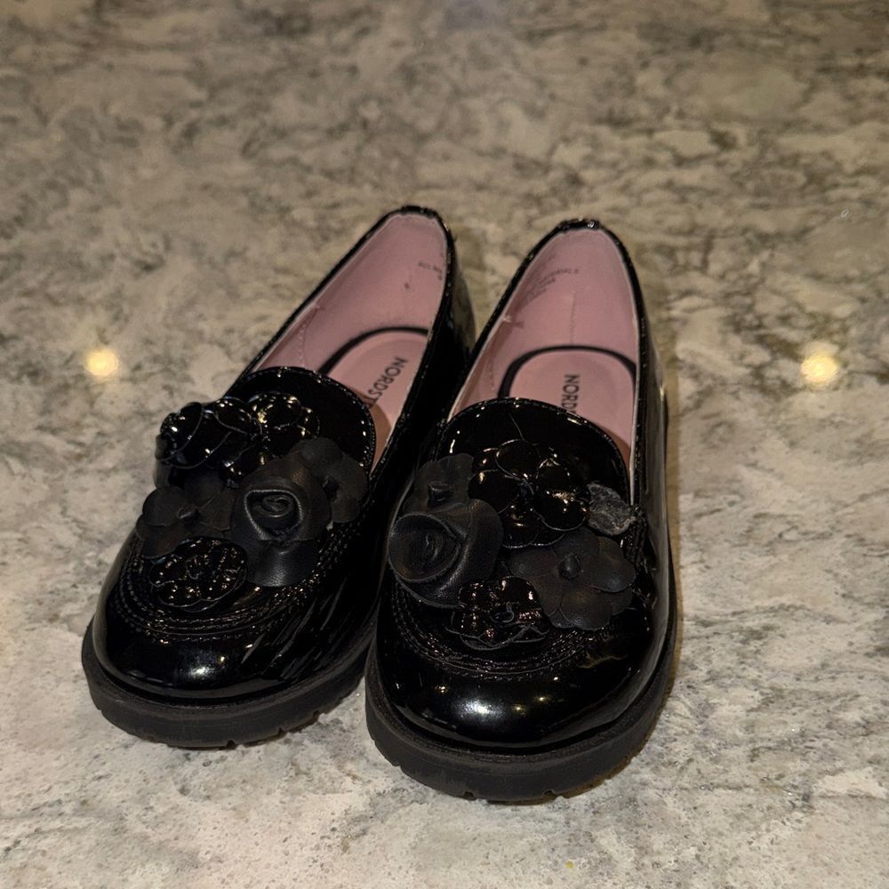 Nordstrom Black Kids Dress Shoes with Floral Accents
